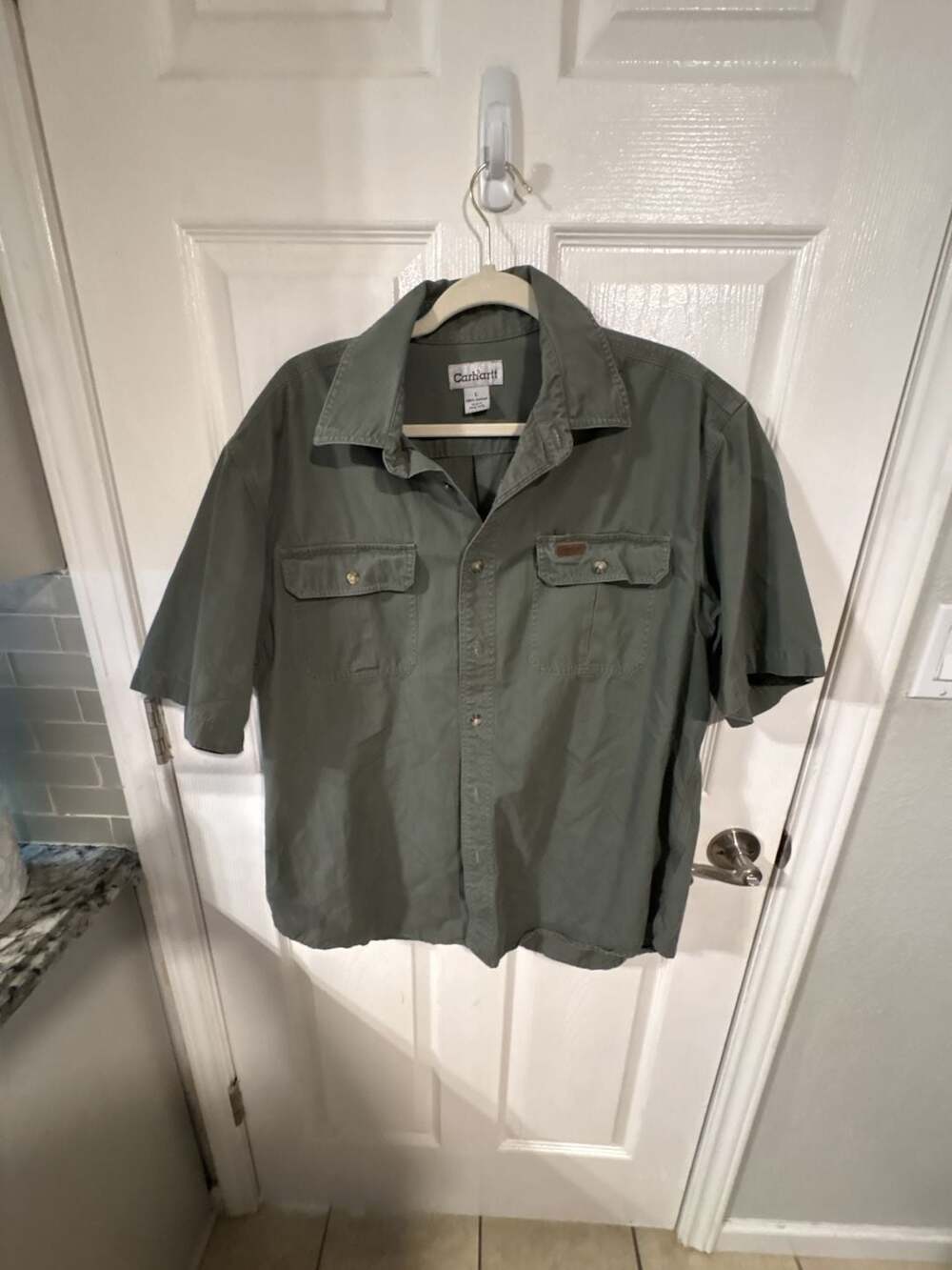Carhartt Vintage 100% Cotton Short Sleeve Button Up Work Shirt Green Size L